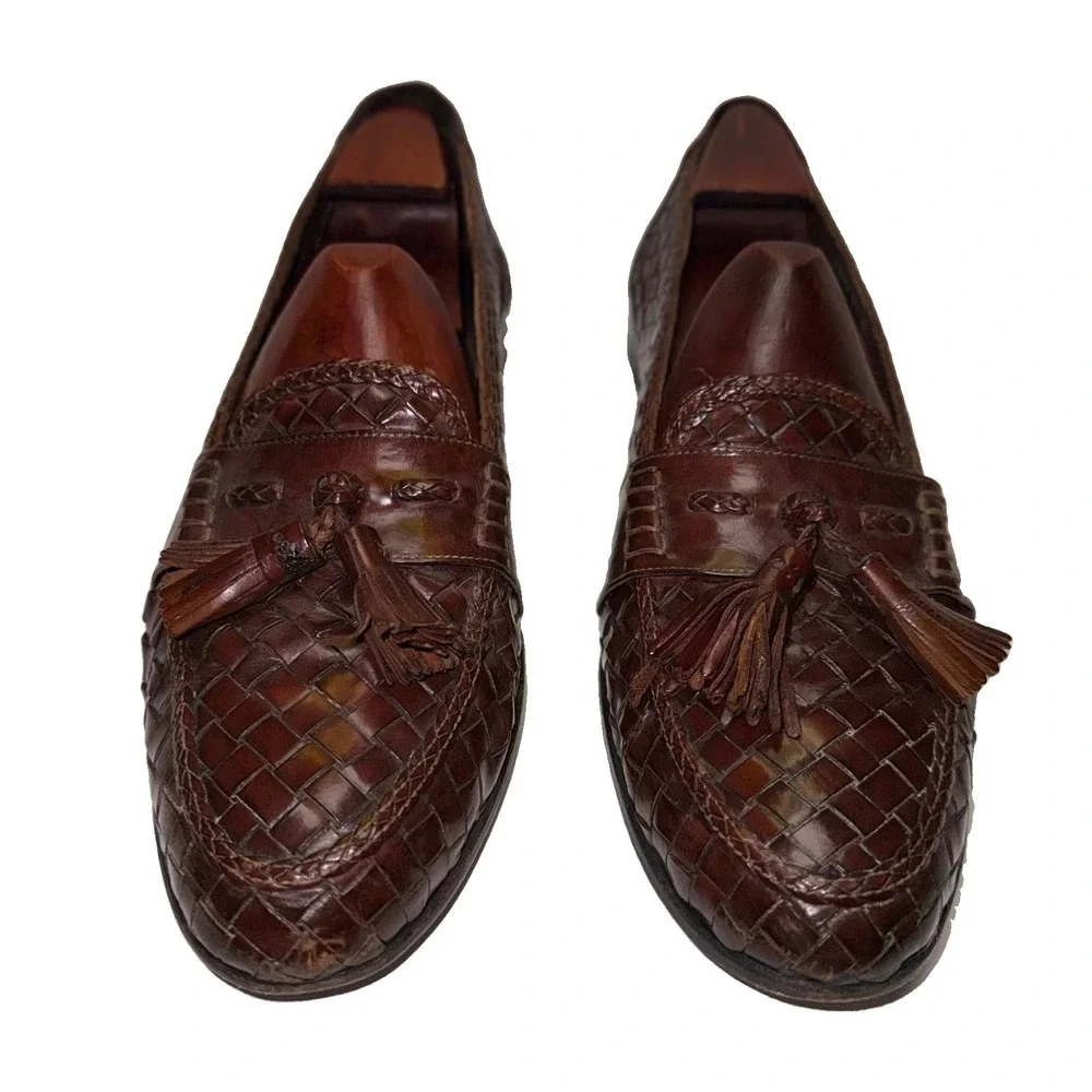 Cole Haan Bragano Loafers Mens 11 N Brown Woven Leather Tassel Made in Italy